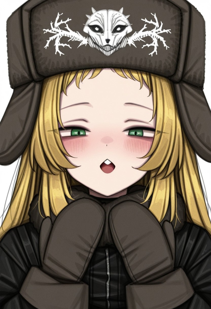 lobsteranian, goth, digital illustration, charact portrait, depth of field, pastel coloring/(medium/), blonde hair, very long hair, blushing, face focus, buck teeth, looking at viewer, ushanka, mittens, winter coat