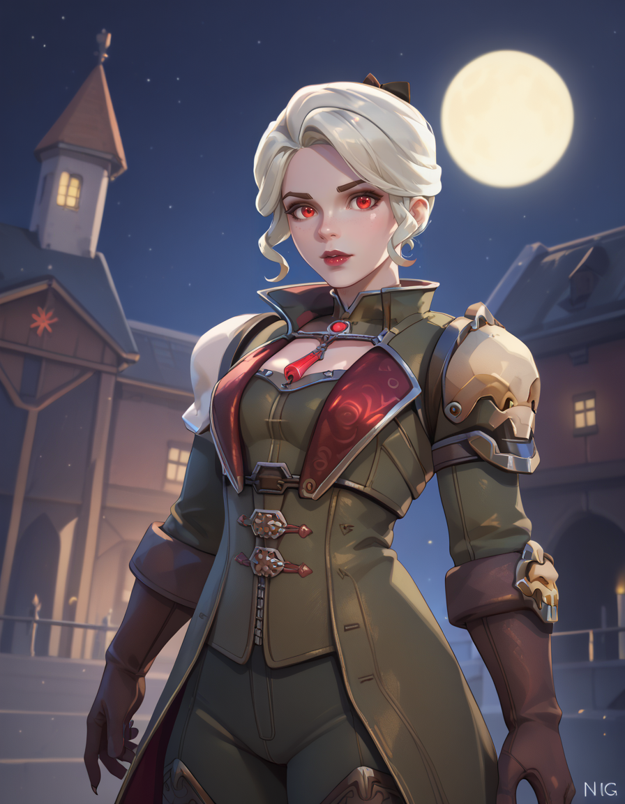 score_9,score_8_up, score_7_up, high-res, 2k, best quality, 2.5d, 1girl,  vampire hunter brig, brigitte (overwatch), short hair, at night, castle   <lora:Vampire_brig_pony-000043:1> Alluring Pose with Backlit Hair: Stand in front of a window or soft light source allowing your hair to frame your face and accentuate your curves creating a mysterious and alluring presence.