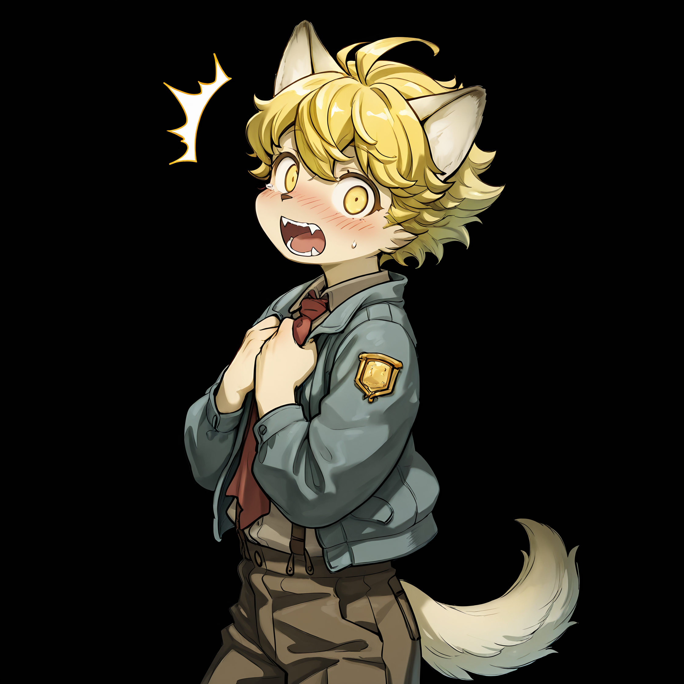 masterpiece, best quality, (absurdres), (highest quality), amazing quality, very aesthetic, no humans,
BREAK, <lora:Malt_Marzipan:1>, malt marzipan, fuga: melodies of steel, young male, 1boy, animal ears, yellow eyes, blonde hair, tail,
BREAK, pants, suspenders, necktie, jacket,
BREAK, simple background, standing, hands on chest, surprised, wide eyes, embarrassed, blush, open mouth, fangs, head tilt, looking at viewer, side view