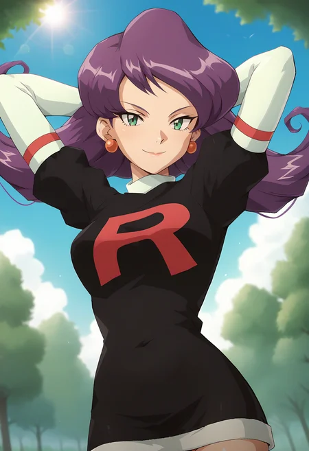 score_9, score_8_up, score_7_up, score_6_up, <lora:PMMiyamoto:0.8>, PMMiyamoto, floating hair, purple hair, bangs, green eyes, orange earrings, aged up,
team rocket, black dress, puffy sleeves, elbow gloves, white gloves, white thighhighs, thigh boots,
smile, upper body, arms behind head, looking at viewer, 
BREAK forest, blue sky, sunlight,