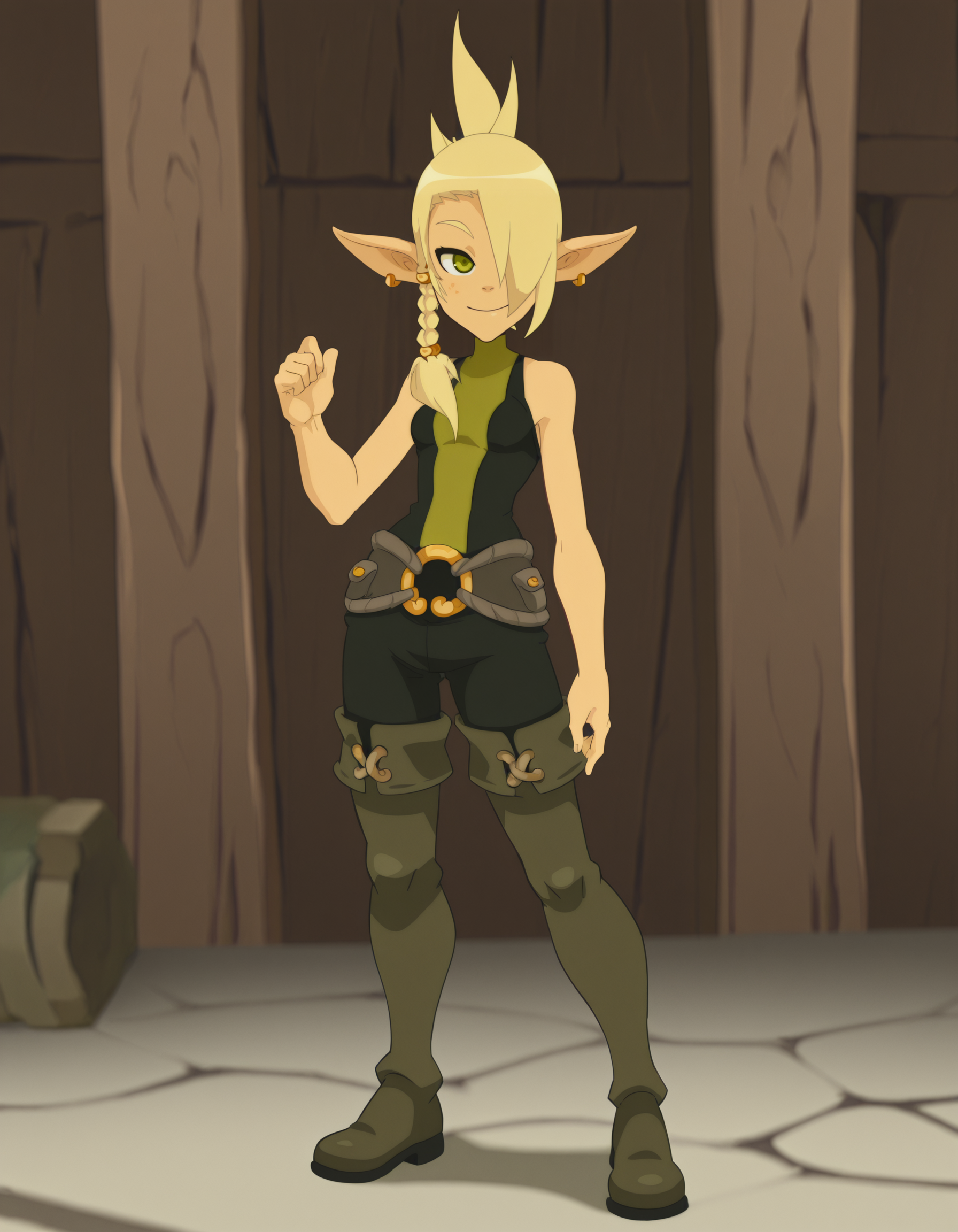 cleophee, pointy ears, blonde hair, jewelry,sleeveless, pants ,belt,  braid, green eyes, hair over one eye, 1girl, bare shoulders, smile ,looking at viewer,thigh boots,full body,  <lora:CleopheeIllustrious1.0JLFO:1>