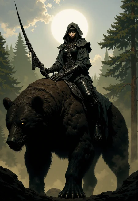 in the style of artics, highest details, ultra hyper realism. highly detailed and realistic. intricate and highly professional artwork, an absolute masterpiece.
This is a highly detailed panoramic digital painting of a female fantasy character with a determined expression riding a huge, majestic bear in a dense, exotic, misty forest. The woman, with light skin and short, dark brown hair, wears a hooded cloak and leather armor, exuding a mysterious, warrior-like aura. Her eyes are glowing in a striking yellow, and she holds an intricate, glowing longbow. The background is softly blurred, emphasizing the depth of field, and the lighting is ethereal, with dappled sunlight filtering through the trees. The overall aesthetic quality is very high, with intricate textures and a painterly style.
<lora:artics_epoch_15:1> in the style of artics