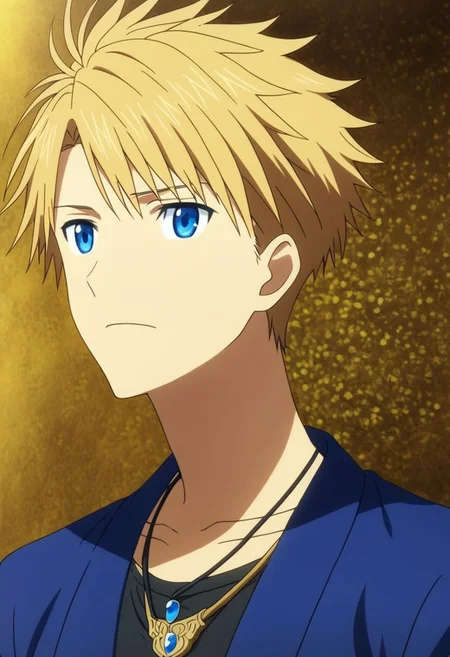 high resolution, solo, best quality, 1Boy, Yamato Ishida, Blond Hair, Blue Eyes, Necklace, existential longing, ultimate fantasy, OverallDetail