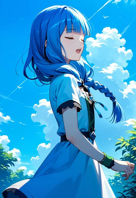 score_9,score_8_up,score_7_up,source_anime,Atla Fayon,1girl,solo,open mouth,dress,closed eyes,braid,short sleeves,outdoors,sky,day,cloud,blunt bangs,from side,blue sky,wristband,