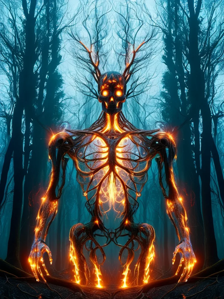 (corrupted tree fae asymmetrical robotic, vibrant upside down forest, (inside burning combat destruction bomb explosion fire cinder warfare war)) <lora:tranzp-sdxl:1> tranzp, visible organs, visible bones