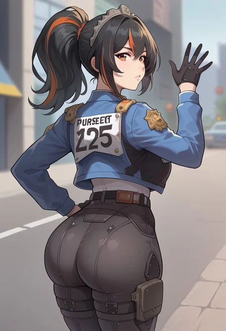 Score_9, Score_8_up, detailed background, street, pov,morning light coming from open window, zhu yuan, orange eyes, black hair, long hair, streaked hair, ponytail, metal hairband, police uniform, blue jacket, cropped jacket, long sleeves, black vest, two-tone vest, black gloves, green necktie, plaid necktie, black pants, high-waist pants, belt, thigh straps, knee pads, holster, tight shiny pants, blue footwear  huge breasts,  thick thighs , wide hips, sexy ass ,