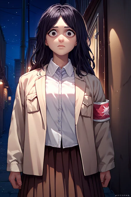 score_9, score_8_up, score_7_up, score_6_up, source_anime, 1girl, solo <lora:pieckfinger-pdxl-nvwls-v1-000006:1> aotpf, black hair, long hair, black eyes, beige jacket, red armband, white shirt, collared shirt, brown skirt, looking at you, alleyway, night, night sky, shocked