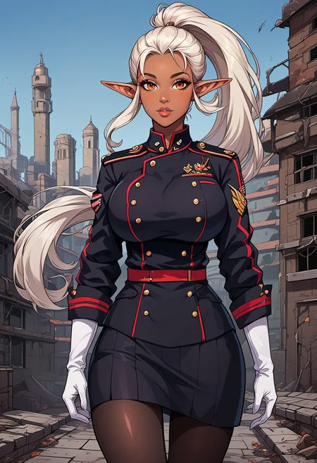 score_9, score_8_up, score_7_up, score_6_up, score_5_up, score_4_up, ANIMEShader, beautiful elven woman, (dark skin:1.3), long white hair in a ponytail, small cute button nose, soft round chin, detailed orange eyes, bright orange eyes, high definition eyes, detailed eyes, elf ears, huge breasts, military uniform, white gloves, black skirt, pantyhose, abandoned building, ruined city, rooftop, outdoors,