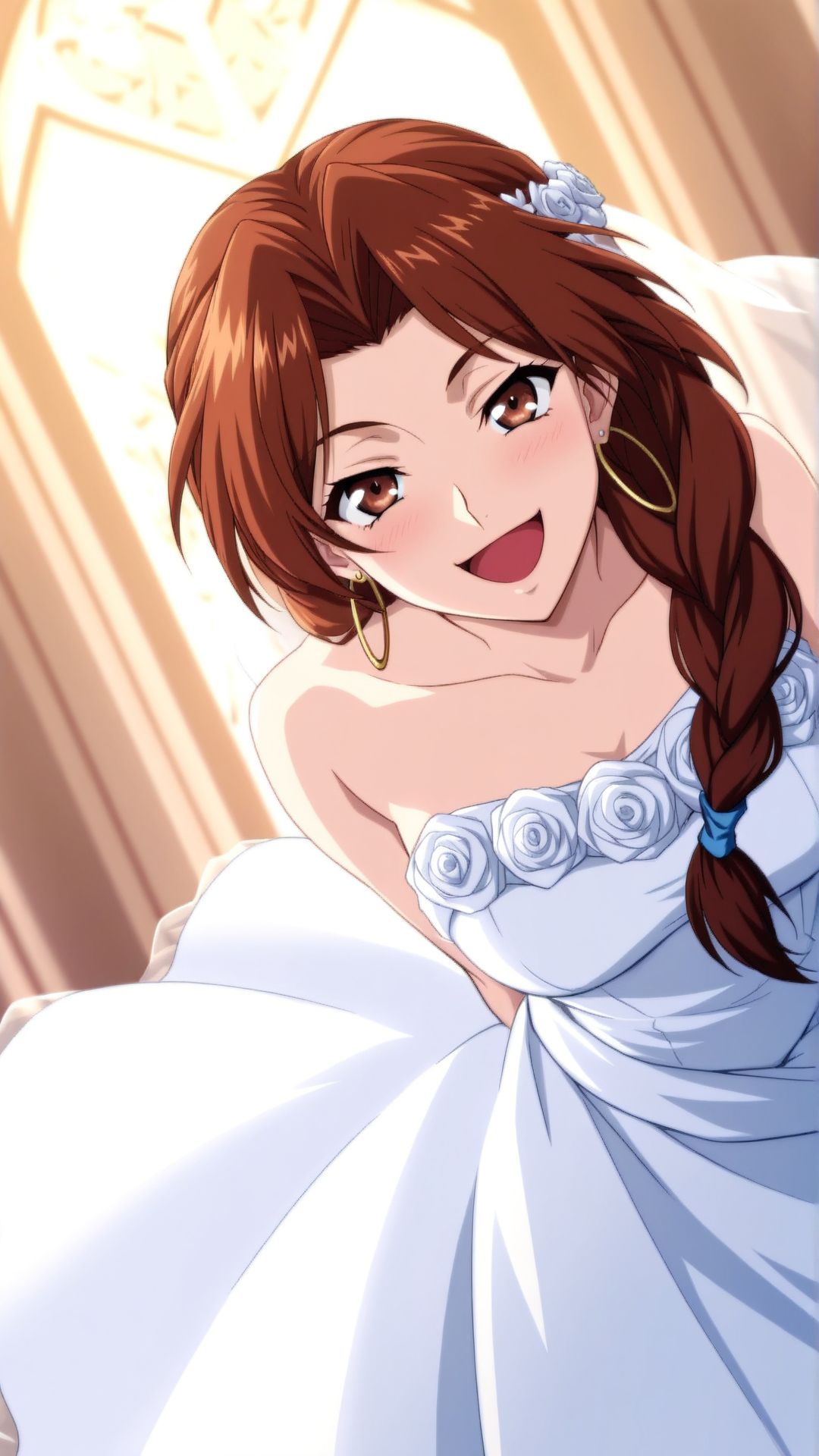 source_anime, general, best quality, masterpiece, 1girl,  <lora:Rebecca_Turner_ill_v1.0:1> rebecca_turner\(srw\),brown eyes, brown hair, braid,single braid,jewelry,long hair, hoop earrings, hair over shoulder, wedding dress,chapel, happy, (smug:0.8),  dynamic pose, dutch angle,