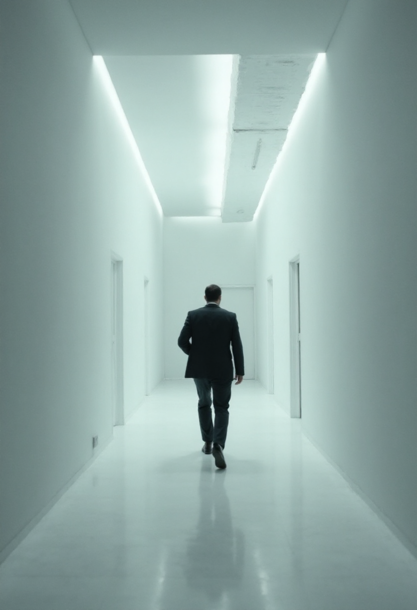 raw analog cinematic steadycam shot following a man in a suit running through a neverending maze of white corridors, taking turns