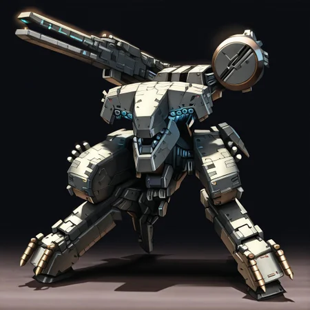 mgrex, mechanical legs, railgun, robot, no humans, gun, glowing, bipedal war machine, military vehicle, heavy armor, science fiction, mecha, military sci-fi, instrument, solo, advanced sensors, weapon, industrial design,