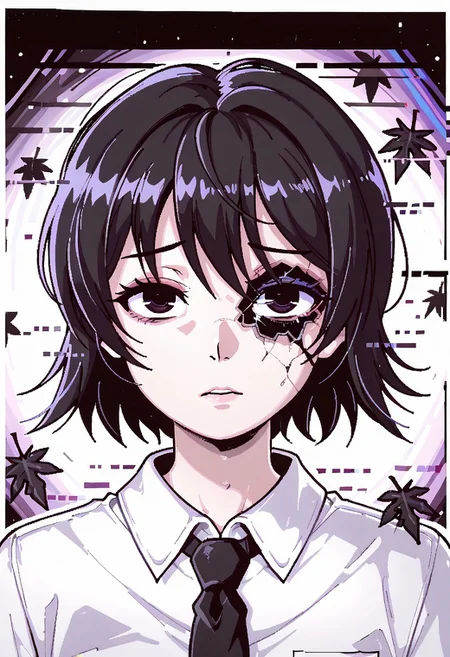 lazypos, character focused, anime girl, broken reality, glitch distortion, cracked screen, short hair, dark eyes, haunted expression, black leaves, monochrome style, ink outlines, white shirt, black tie, eerie atmosphere, digital noise, corrupted view, surreal composition, void background, horror aesthetic, glitch core, unsettling gaze, pongdstyle