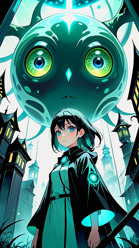 by oda non, by rella, 1girl, detailed eyes, mage staff, depth of field, perspective from below masterpiece, a vivid and haunting scene in a world dominated by creatures from the realms of science-fiction, eerie dystopian