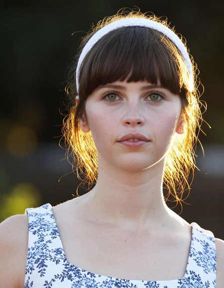 score_9, score_8_up, 1girl, felicity jones, bangs, adorable, wearinga a summer dress, headband, upper body shot, at a park,  Bokeh, Golden Hour, raw <lora:dmd2_sdxl_4step_lora_fp16:1> <lora:felicity-jones-biglust16-bd:1>