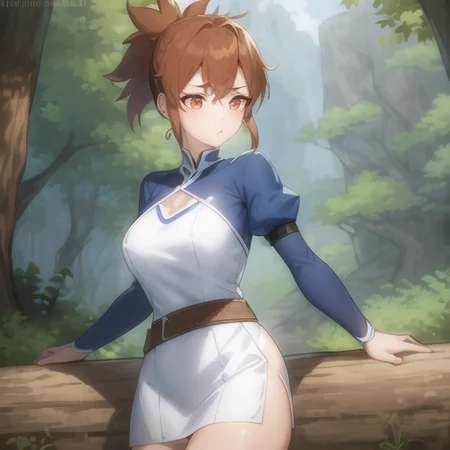 a woman, forest, blue sleeves and white outfit. short ponytail, brown belt is, standing <lora:marc1:1>, perfect resolution, illustration, dota dragon's blood style