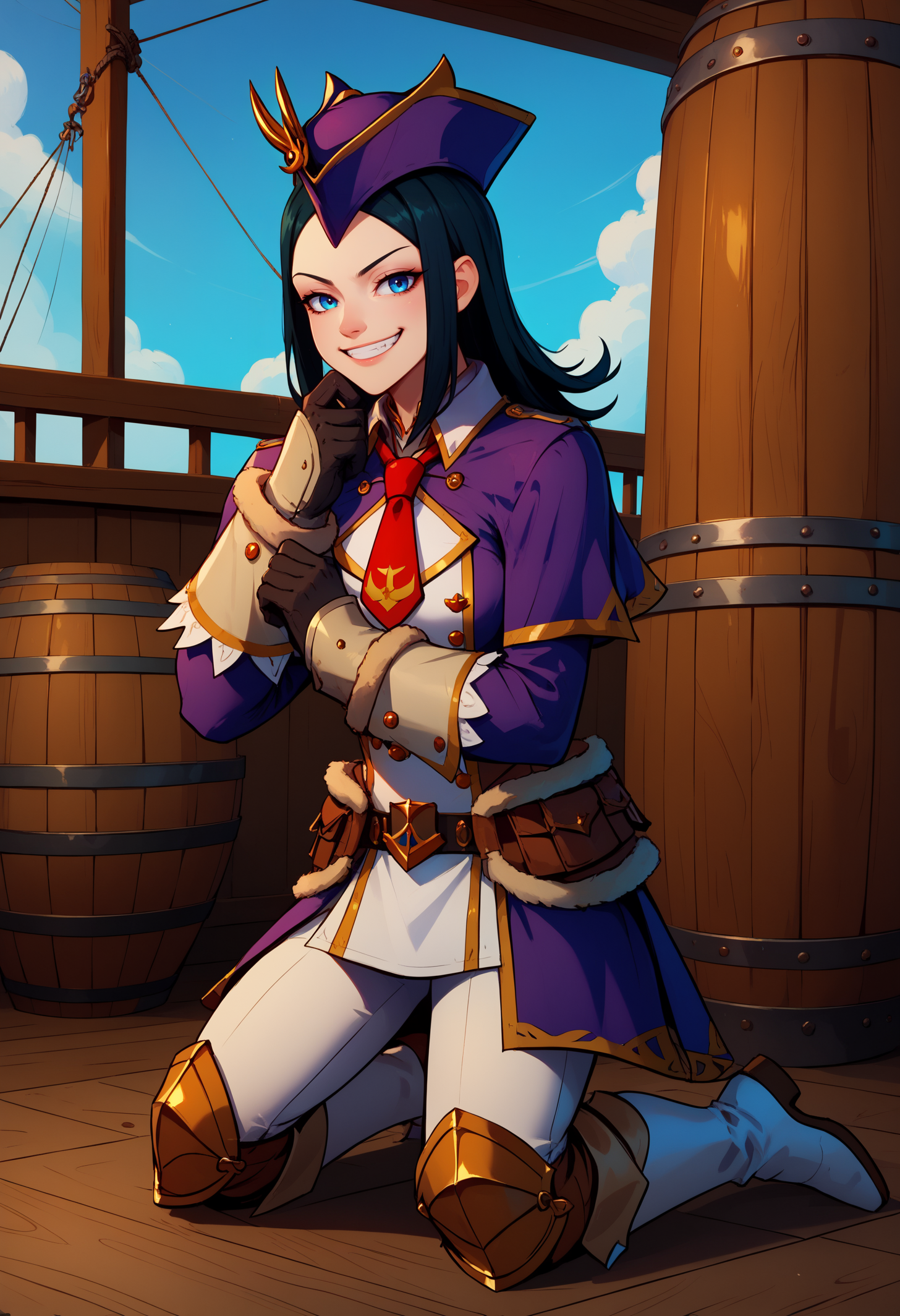 score_9, score_8_up, score_7_up, BREAK 1girl, solo, Luchika, blue eyes, long hair, black hair, <lora:LuchikaPDXL_V1-Manityro-CAME:1.0>, outdoors, ship, blue sky
looking at viewer, grin, insane, barrel, wood barrel, full body, hugging barrel, side view, evil, hand up, kneeling,
military cap, military uniform, capelet, red necktie, short necktie, long sleeves, fur belt, belt pouch, black gloves, white pants, knee boots