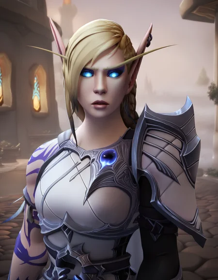 score_9, score_8_up, score_7_up,cinematic light,3d,masterpiece, high quality, highres,
uncensored,intricate details,
mature female,
alleria, long pointy ears, blonde hair, 1girl, elf, armor, blue eyes, glowing eyes, shoulder armor, tattoo, braid, bangs, long hair, colored sclera, gloves,breastplate,gloves,jewelry,pauldrons, boobplate, boots,
parted lips,
sidelighting, backlighting,
perfect anatomy, world of warcraft, contrast,
day, outdoors, fantasy,
<lora:Alleria:1> <lora:fugtrup-guy-PONYv2:1>