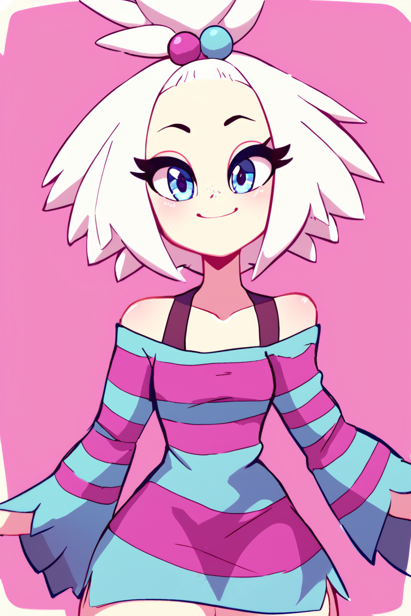 score_9, score_8_up, score_8, medium breasts, (curvy), cute, eyelashes,       BREAK, , zzRoxie, blue eyes, white hair, hair bobbles, topknot, striped dress, <lora:Roxie_Pokemon_PDXL_Citron:0.8>, , BREAK, smile, looking at viewer, cowboy shot, embedding:zPDXL,  <lora:DiivesP1:1.0>,