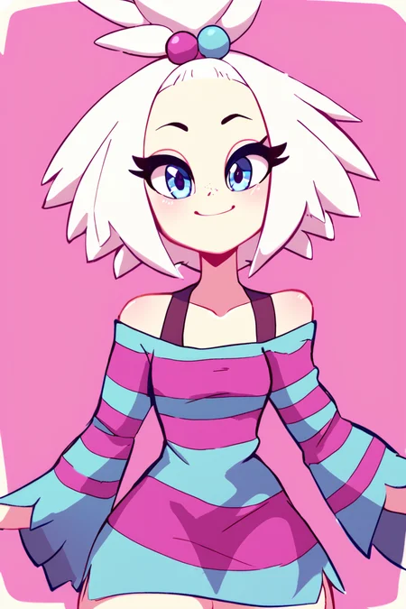 score_9, score_8_up, score_8, medium breasts, (curvy), cute, eyelashes, BREAK, , zzRoxie, blue eyes, white hair, hair bobbles, topknot, striped dress, <lora:Roxie_Pokemon_PDXL_Citron:0.8>, , BREAK, smile, looking at viewer, cowboy shot, embedding:zPDXL, <lora:DiivesP1:1.0>,