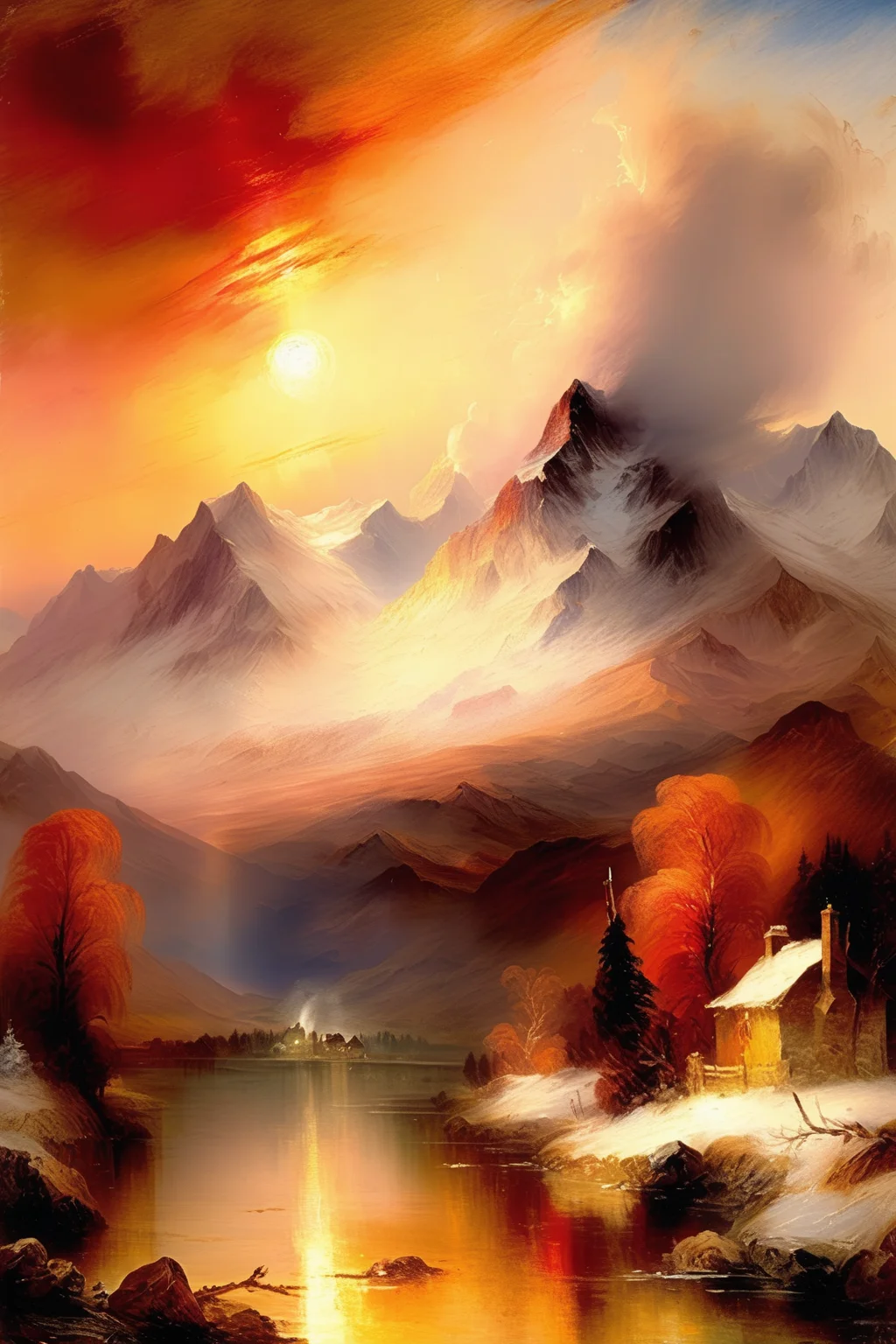 <lora:Thomas Moran Style:1>Thomas Moran Style - #384670 A breathtaking landscape painting by JMW Turner depicting snow-capped mountains. A cozy cottage nestled amidst the snowy peaks, bathed in the warm glow of the setting sun. Gentle wisps of smoke rise from the chimney, adding a touch of tranquility to the scene. Impressionistic brushwork, vibrant colors, and a sense of serene beauty.