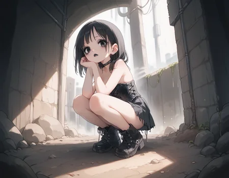 (score_9,score_8_up,score_7_up:1), 1girl, full body, cinematic panning shot, horror, (dramatic Lighting, cinematic, neon lighting:1.5), happy, (goth, (black lipstick, black mascara, black eyeshadow)), (toned), inky oozing hair color, mid back hair, choker, eyeshadow)) (pale soft skin), large breasts, (Squatting), dusty sand dunes, (<lora:zavy-cntrst-sdxl:1> chiaroscuro, low-key, horror), (<lora:goth_clothes:1> lace-up cords, corset, black combat boots), <lora:Eldritch_Universe_Style:1>, <lora:add-detail-xl:1>
