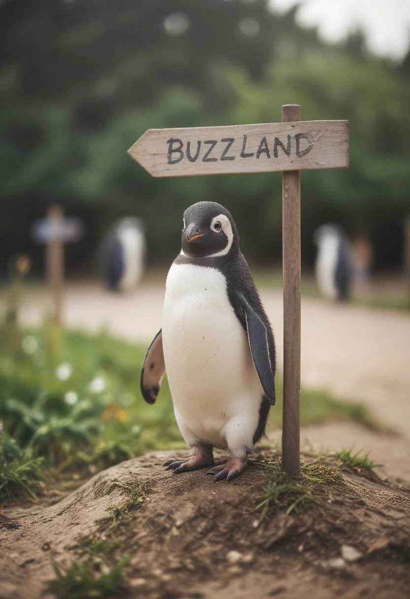 score_9, score_8_up, Photography, stvmccrr style, bokeh, mystical, cute happy penguin standing near a signpost, realistic, dream, text:"buzzland"