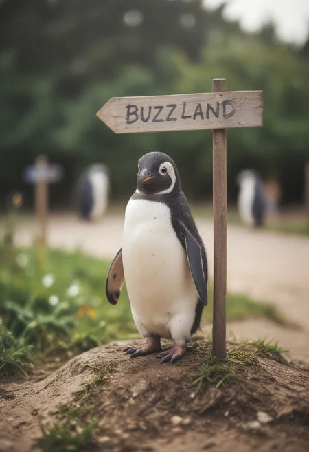 score_9, score_8_up, Photography, stvmccrr style, bokeh, mystical, cute happy penguin standing near a signpost, realistic, dream, text:"buzzland"