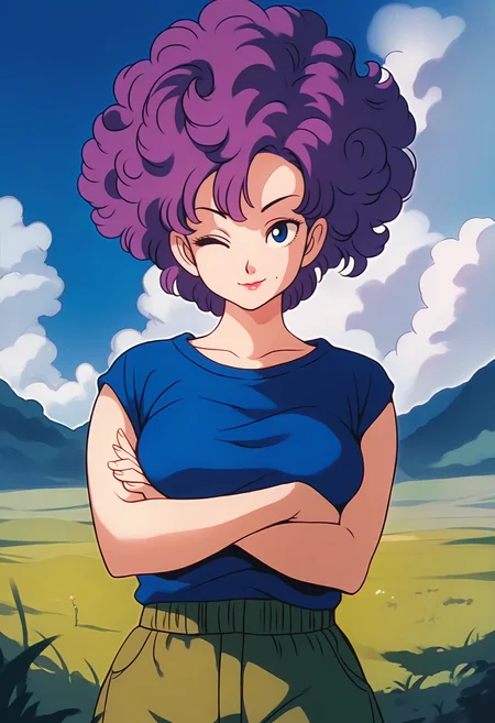 score_9, score_8_up, score_7_up, score_6_up, score_5_up, score_4_up, source_anime, <lora:DBExtraGirl04Ranfan:1>, DBExtraGirl04Ranfan, purple hair, curly hair, blue eyes, lipstick, mole under mouth, large breasts, eyelashes,
blue shirt, red footwear, green pants,
standing, seductive smile, legs apart, looking at viewer, upper body, crossed arms, one eye closed, 
BREAK day, blue sky, sky, grass,