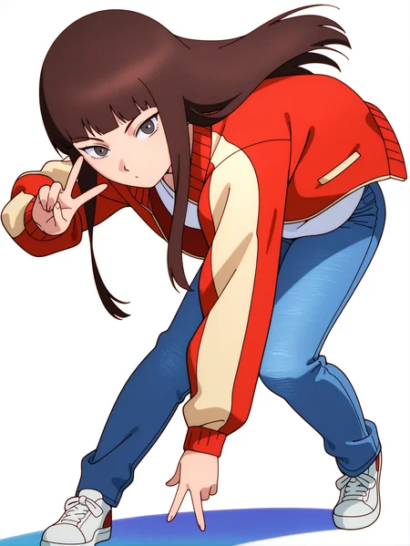 masterpiece, best quality, amazing quality, absurdres, newest, dynamic_angle, defined facial features, anime coloring, anime screencap, white background,
<lora:Reika-Juri_IL1.1_v0:1>
yamamoto reika \(sel\), 1girl, yamamoto reika, red-tan jacket, jeans, white shirt, white sneakers, cute pose, v:1.2, looking at viewer, full body, grey eyes, peace sign