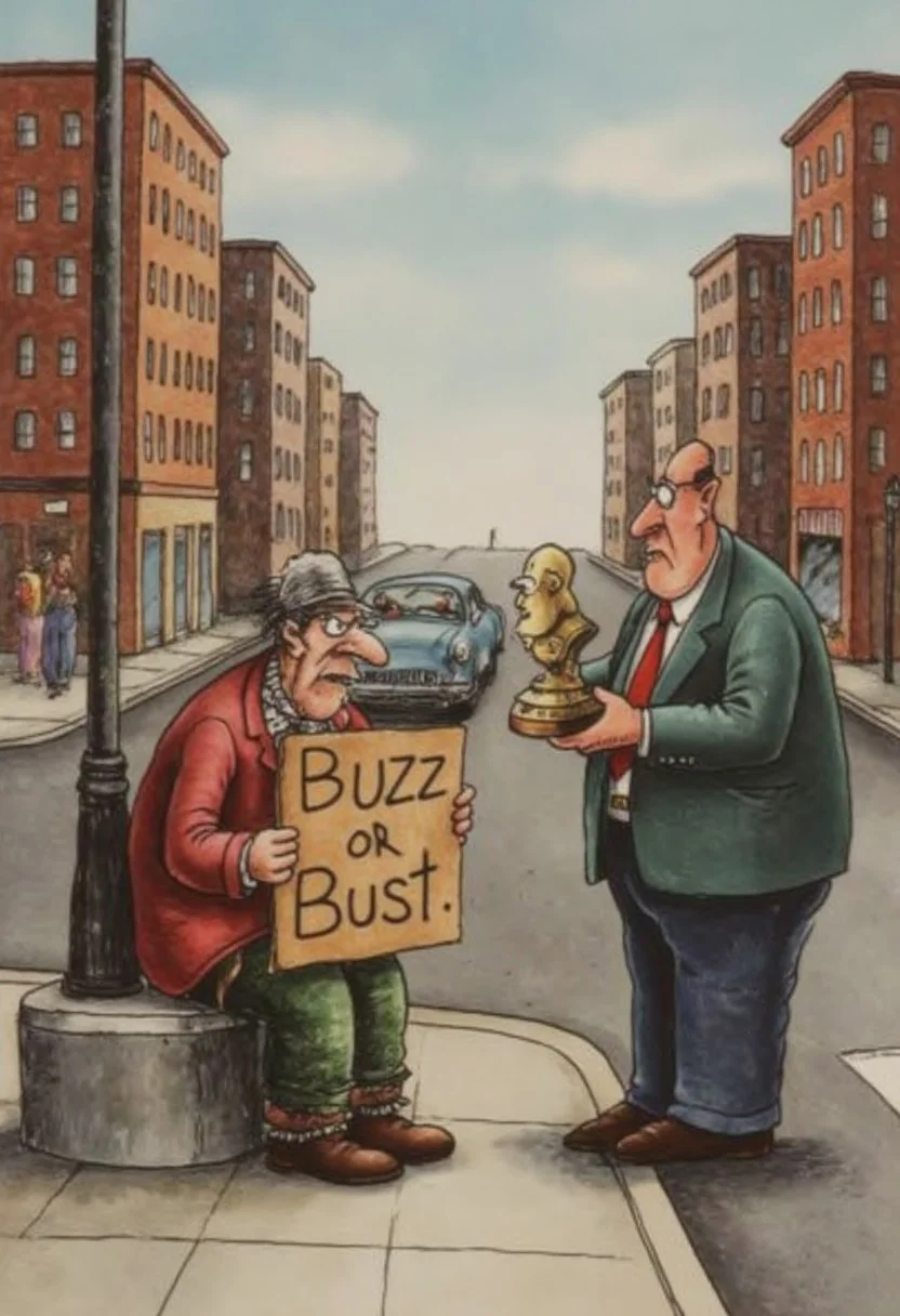 A beggar sits on a street corner holding a sign with text:"buzz or bust". Another man is offering to give the beggar a bust statue, f4rs1de