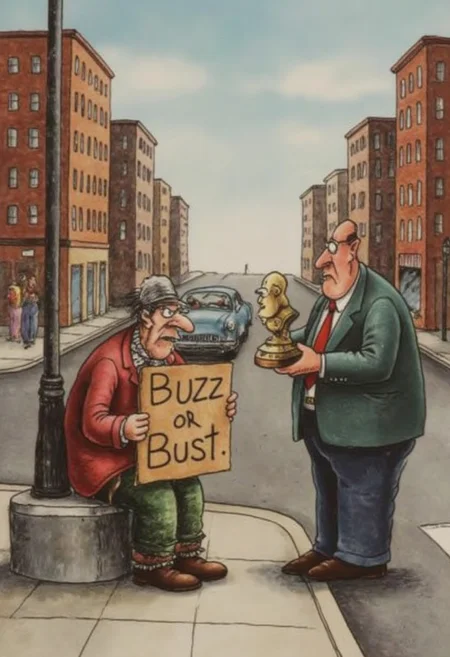 A beggar sits on a street corner holding a sign with text:"buzz or bust". Another man is offering to give the beggar a bust statue, f4rs1de