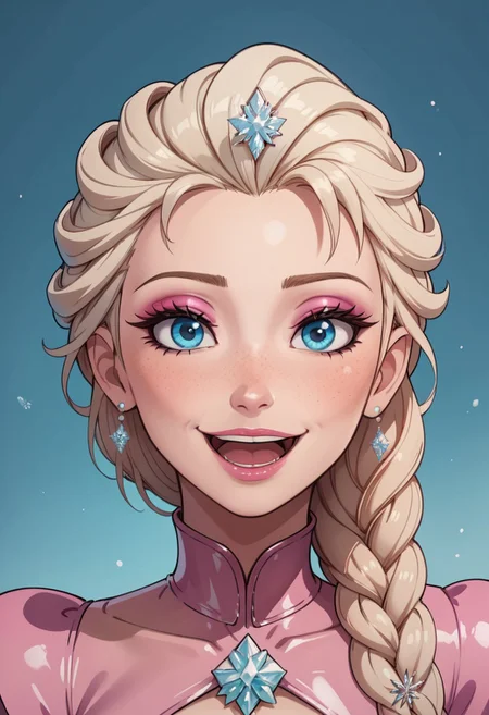 score_9, score_8_up, score_7_up,,
Elsa from Frozen, makeup, platinum blonde, light blue eyes, medium puffy, light blue eyes, long eyelashes, blushing, ginger hair stylish hair cut,
wearing pink princess gown, latex,
colored blank background,
centered view, rim lighting, smile, open mouth, posing,
(m31d0n0:1.2)