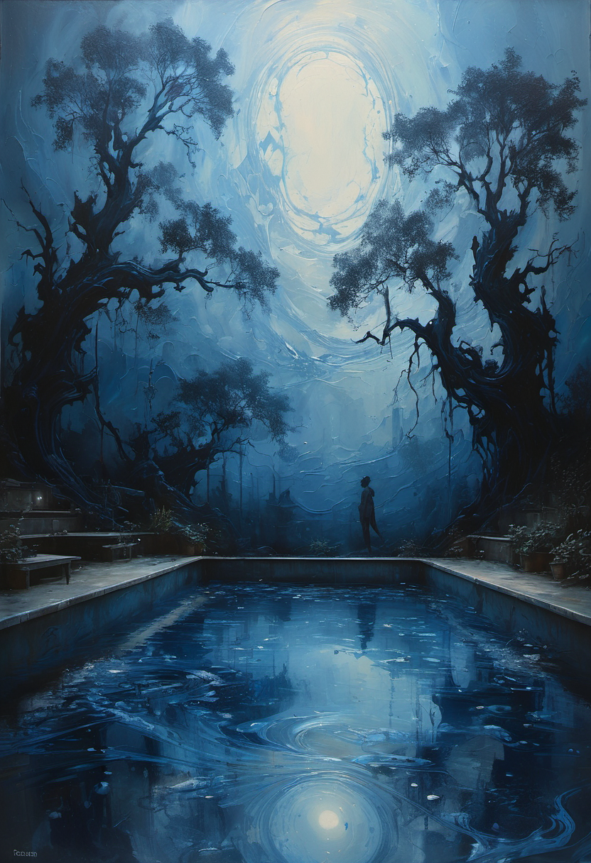 Blue specters dance among starless skies, their silhouettes etched in shadowy hues, mirrored in a shimmering, oval pool of swirling depths. Brushwork imbues the canvas with a haunting, oil-drenched essence
