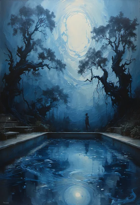 Blue specters dance among starless skies, their silhouettes etched in shadowy hues, mirrored in a shimmering, oval pool of swirling depths. Brushwork imbues the canvas with a haunting, oil-drenched essence