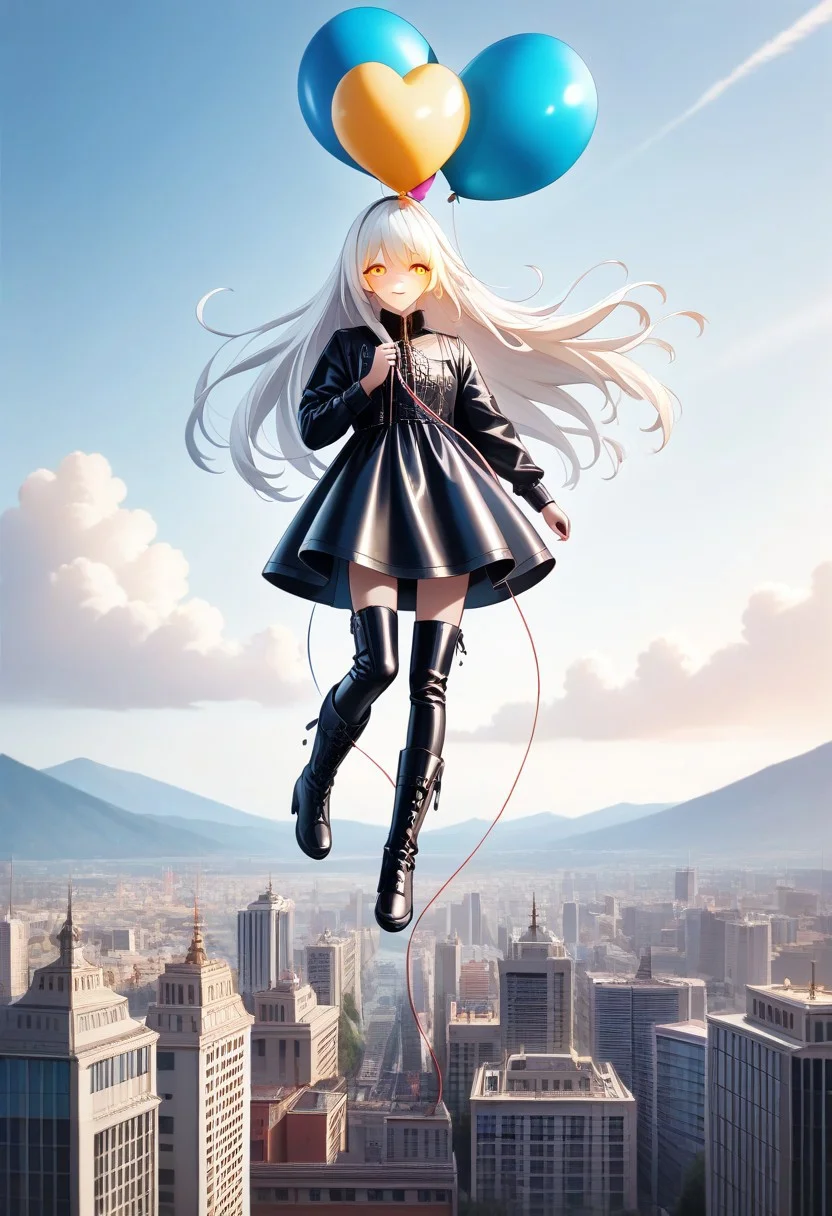 (masterpiece), (score_9, score_8_up, score_7_up,source_anime), best quality, ultra-detailed,24K, illustration, (Uncorrected), CG,
Latex, girl,
Multiple balloons, huge balloon, heart-shaped ballon.
(Girl holding string of balloons, floating, white hair, ultra-long hair, glowing eyes, amber eyes, ultra-detailed eyes:1.2), Chevalier dress, jacket, puntyhose, leather boots,
in Rooftop of Skyscraper, modern city, Skyscraper,