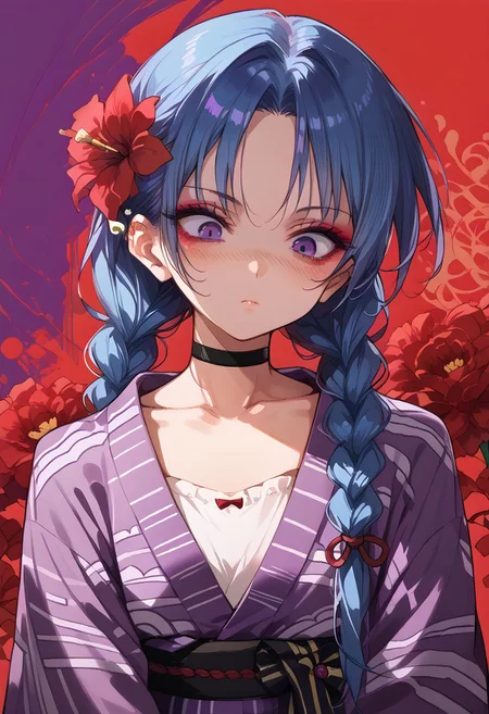 anime artwork, score_9, score_8_up, score_7_up, score_6_up, score_5_up, 1girl, LP_jinx, blue hair, twin braids, long hair, bright purple eyes, confused face, blush, small breasts, flat chest, ((simple black choker, purple yukata, red flower pattern on yukata)), portrait, small collarbone, simple background, abstract background, makeup, emotional, shaded_eyes