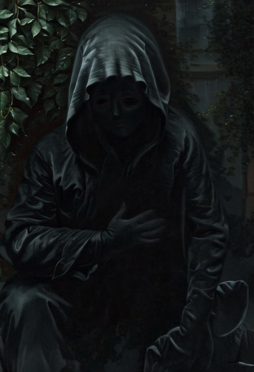 detailxl, easynegative, BREAK, solo, ghost person, a painting of a hooded figure in the style of godfried-schalcken, barely visible, female, covering her face with hands, pale, mansion garden, hedge row, fountain, BREAK, darkness, at night, rain, impossible architecture, black