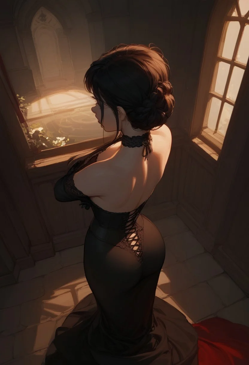 score_9, score_8_up, score_7_up, score_6_up, from above, rear view, 1girl, 20yo, beautiful asian vampire, very long black hair, pale white skin, black corset, sexy long black long dress, black dress, black choker, medium natural breasts, undressing, standing, looking away, nice ass, inside a dark castle, dark theme, dim lighting, sexy, high contrast, industrial,