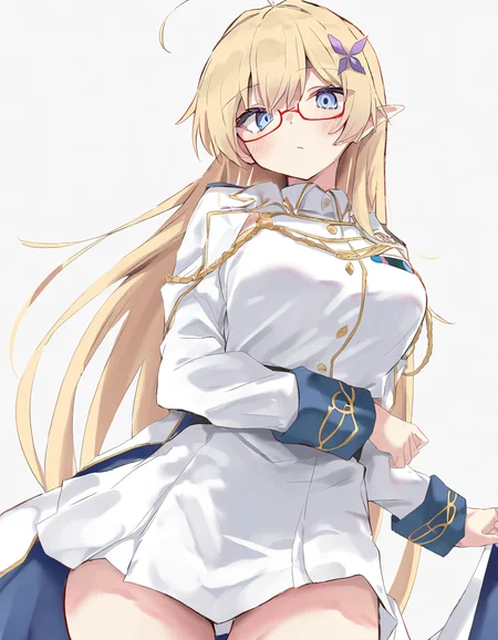 <lora:hude-000012:1>,hude,1girl,solo,looking at viewer,white background,simple background,semi-rimless_eyewear,red-framed_eyewear,cowboy shot,military uniform,, masterpiece, best quality, very aesthetic, absurdres,newest, incredibly absurdres,, toshizou \(0714\)