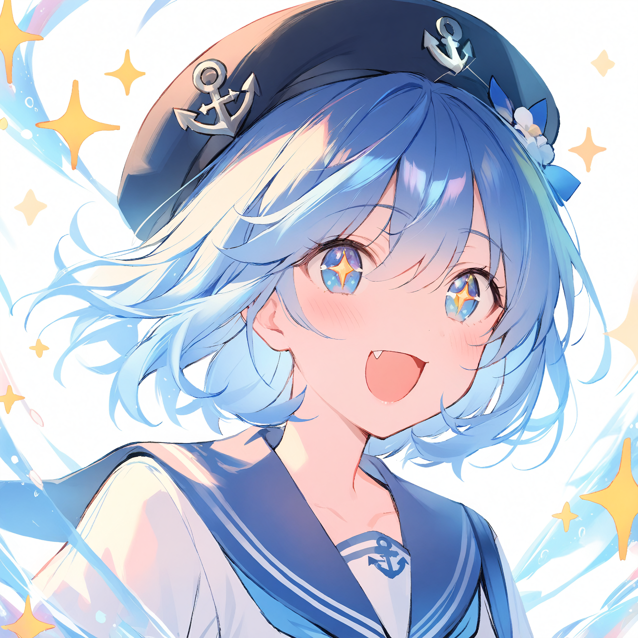 1girl, 
solo, close-up, portrait, blush, simple background, white background, blue eyes, sparkle, short hair, dot nose, +_+, excited, hair between eyes, sparkle background, light blue hair, :d, black hat, sailor collar, looking at viewer, fang, blue sailor collar, hat, blue hair, anchor symbol, smile, open mouth, eyes visible through hair, sparkling eyes, 
masterpiece, best quality,  safe
 <lora:mki-ani31-blackmeow-v1-000120:1>