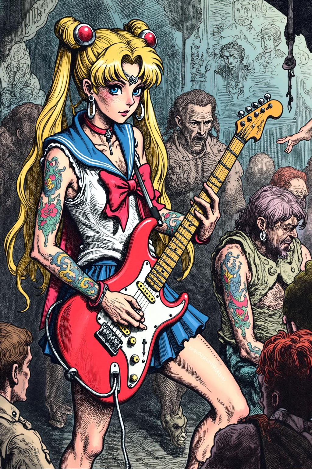 gusdore1illustration of of punk sailor moon playing a guitar at a heavy metal mosh pit, tattoos, piercing,  <lora:gusdore1_nocap_d4a2e8:1.0><lora:800988551761266117:0>