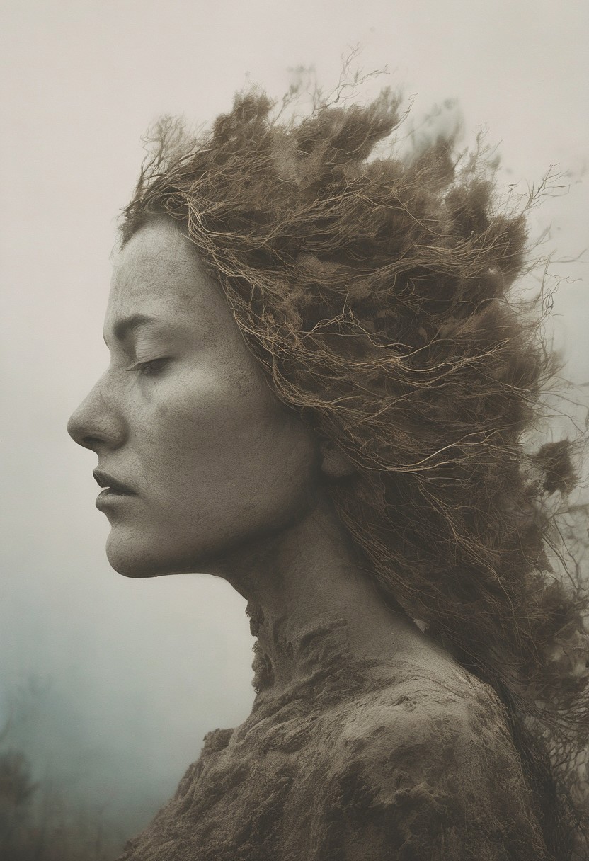 a surreal female portrait, Real-life images, photograph, inspired from Zdzisław Beksiński,