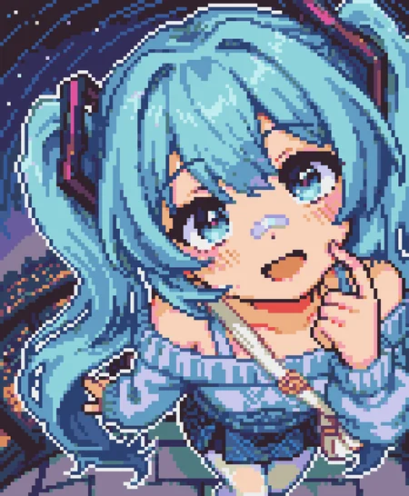 1girl, solo, hatsune miku, aqua hair, long hair, bangs, hair ornament, bandaid on nose, blue sweater, off-shoulder sweater, long sleeves, white shoulder bag, blue skirt, plaid skirt, white pantyhose, tenshi kaiwai,
blush, open mouth, star trail reflection in eyes, excited, head tilt, looking at sky, looking up, finger to cheek, head tilt,
fisheye, close-up, face focus, solo focus,
shooting stars, purple gradient background, night sky, moonlight, outdoors, cityscape, pavement,
rating safe, omufujoshi, white outline,
masterpiece, best quality, amazing quality, newest, <lora:omufujoshi:1.0> <lora:midnight_girls_r_-_pixel_art_style:1.0>