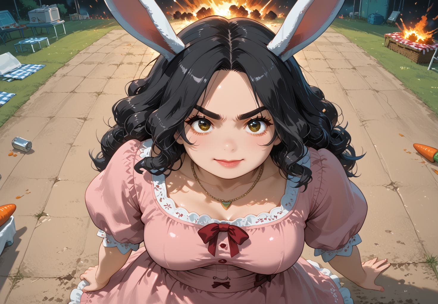 IllusP0s, PonyScores7, source_anime, ah1, IllustriousQual, interesting, exciting, spectacular, wonderful, amazing quality, absolutely eye-catching, 
BREAK <lora:xl_more_art-full_v1:0.2>, <lora:aesthetic_anime_v1s:0.2>, <lora:EpicF4nta5yXL:0.2>, <lora:detailxl:0.2>, detailxl, <lora:Fant5yP0ny:0.2>, amazing quality, best aesthetic, absurdres, illustration, Volumetric_Lighting, ultra-detailed, very aesthetic, intricate details, best_quality,  lazympos, <lora:Add_Details_v1.2:0.4>, <lora:quality_modifiers_masterpieces_v1:0.2>, <lora:ZootPonyAnime_V1_r2:0.2>, <lora:Bestifacator2:0.2>,
BREAK (((In a dimly lit workshop, a woman toils away, her hands calloused from years of hard work, A sudden explosion rocks the room, sending debris flying, Amidst the smoke and chaos, she remains steadfast, rushing to extinguish the flames and ensure the safety of her comrades, The acrid smell of burning metal and the sound of her steady breaths fill the air))),
BREAK Stable_Yogis_PDXL_Positives, AS-Adult, <lora:Complicated fantasy portrait - XL Pony V2.0:0.2>, bad-hands-5, <lora:HDA_Detailer:0.3>, <lora:natsumi_style:0.2>, <lora:by_usakun-pony:0.2>, by usakun, <lora:Akina_Bbw_Style_-_PonyXL:0.2>, AkinBw, (((from above), (from front), medium distance from viewer, focus on waist)),
BREAK 1girl, mature female, (curvy), round-chin, caucasian, <lora:ETO_OC_Illustrius:0.5>, eto_oc, skindentation, (plump), thick thighs, wide hips, busty, voluptuous, <lora:Venus body IXLS3_alpha16.0_rank32_full_last:0.8>, <lora:shinyskin2:0.2>, glistening skin, HDA_FatGirlXL, round ass, large breasts, <lora:perfection style:0.2>, perfection style, perfection, 
BREAK ((<lora:Tewi-Inaba_Illustrious:0.8>, inaba tewi, rabbit ears, floppy ears, rabit tail, pink shirt, pink skirt, puffy sleeves, ribbon-trimmed dress, carrot necklace, pink mary janes)),
BREAK (curly hair), long hair, (black hair:1.4), (parted hair:1.7), messy hair, kinky curls, <lora:hairdetailpxl:0.2>, hairdetailpxl,
BREAK (half green and brown eyes), (colorful eyes), (multicolored eyes), (downturned eyes:1.4), expressive eyes, <lora:perfect-eyes:0.4> perfecteyes , EyesHD, (round face:1.2), (thick eyebrows:1.3), (plump face), <lora:Round_face:0.2>, lips, <lora:DetailedEyes_xl_bdsqlsz_V1:0.2>, <lora:Eyes_Lora_Pony_Perfect_eyes:0.2>, <lora:focusoneyes:0.2>, <lora:cinematic eye color style illustrious v1:0.2>,
BREAK (((angry expression, looking right, eyes crossed expression))), <lora:Expressive_H:0.2>, Expressiveh, <lora:Emotional_Anime_Expressions_PonyXL_Concept:0.2>, emotional, <lora:Best_Facial_Expression_LoRA_PONY:0.2>, looking at viewer, <lora:Detailed expressive EXEV style -XL Pony V1.0:0.2>, FaceDetail, <lora:Best_Facial_Expression_Helper_XTREME_ILLU:0.4>, kaogei,
BREAK (((picnic in the park, sunny weekend, families laughing))), <lora:Background Detailer - SDXL:0.2>, 4k, 8k, Ultra HD, Masterpiece, Best quality, Detailed background, <lora:Add_more_details_V2_XLpony:0.2>, full_details, <lora:background-type1:0.2>, <lora:AddMicroDetails_Illustrious:0.8>, addmicrodetails,