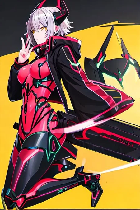 ZentreyaCyborg, yellow eyes, ZentreyaCyborgBase, yellow eyes, short hair, mechanical horns, red bodysuit, black jacket, mechanical legs