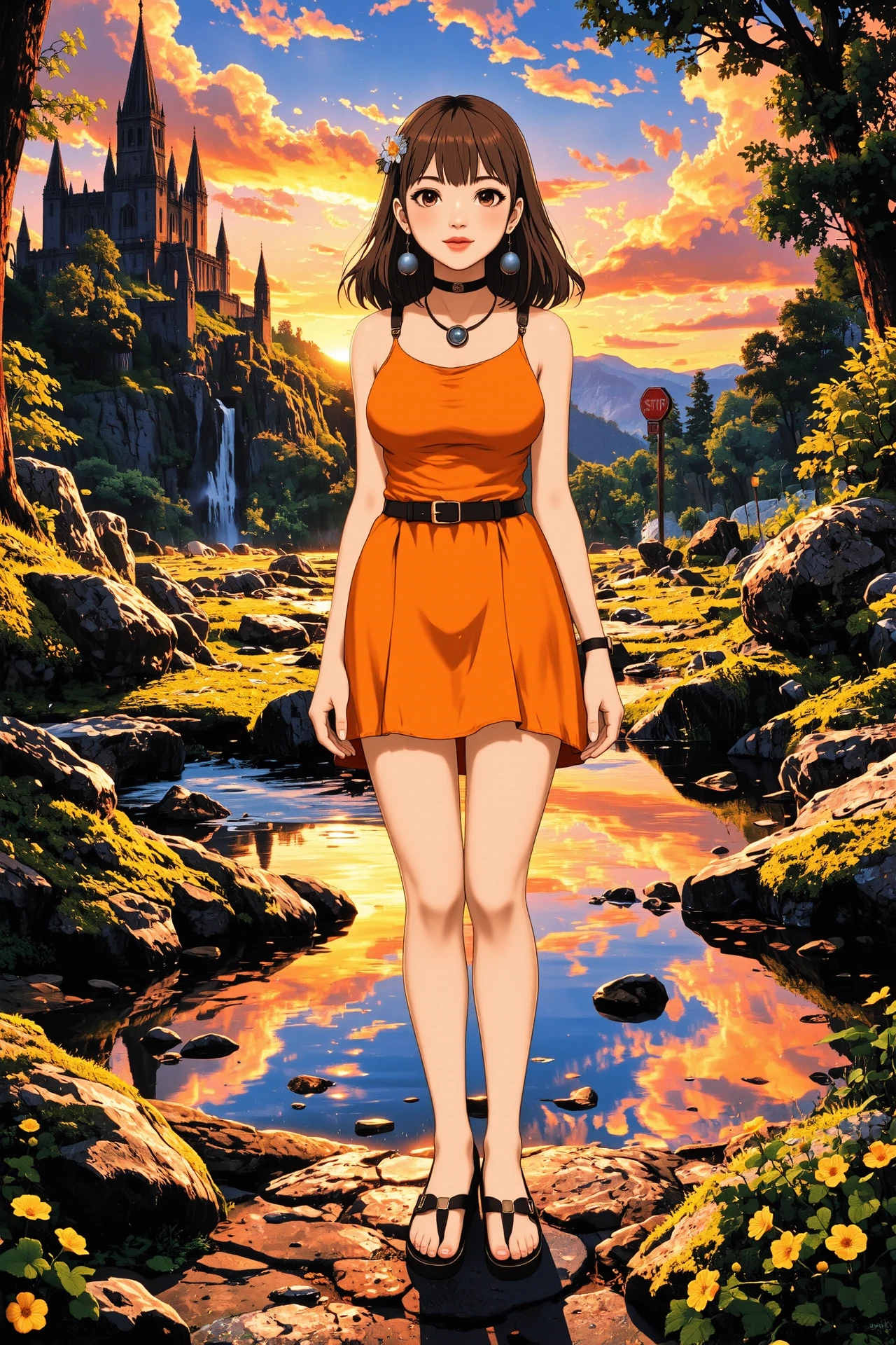 straight hair ash brown hair young woman, druid, anime, illustration, extremely detailed, portrait, standing, happy smile, flower in hair, glossy lipstick, celtic necklace, sphere earrings, loincloth, sandals,  Bright Orange druid short dress, legs, heels, sharp focus, fantasy, sunset, celtic landscape, small rock, moss, ripples, reflections, celtic  castle, small river pond, druid forest, druid village, stunning nature environment, enchanted land, clovers, Bright Road Sign Yellow flowers, best quality, colorful, wet floor, bright sky, raytracing, hdr, high contrast, ethereal natural lights, backlight, lens flare, shadows, vibrant colors, colorful, pretty, beautiful, happy, smiling, feminine, sexy, lovely, in love, adorable, fashion,  <lora:Hand v2:1> <lora:Anti-Blur:1><lora:Insane Detail Slider:0.5>  <lora:flux.1_lora_flyway_Epic-detail_v2:0.3><lora:fluxenhancer:0.5> <lora:RetroAnimeFluxV1:0.4> <lora:Luminous_Shadowscape:0.4>