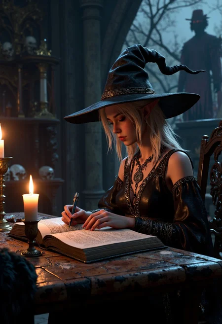 highly detailed, 8K ultra-realistic. a dark, atmospheric fantasy scene featuring a woman with white hair and fair skin, sitting at a table surrounded by lit candles. She wears a dress adorned with patterns, and a large witch hat. Her expression is intense and focused as she writes in a large, open book with aged pages. The setting is dimly lit, with shadows cast by the flickering candlelight, creating a mysterious and eerie ambiance. In the background, a silhouette of a figure stands near a window, adding to the mystical theme. The room is adorned with skulls and ancient artifacts, enhancing the occult and magical atmosphere of the scene. aidmabaldursgate3