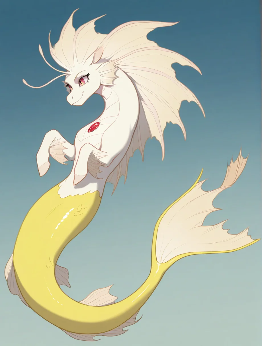 high quality, best quality, masterpiece, highres, very aesthetic, absurdres, <lora:NSFWFilter_illusXL_Incrs_v1:-.5>, solo , dynamic pose, portrait, headshot,
female, <lora:EqG_Siren-Hippocampus_Illustrious:.7> hippocampus, siren, merpony, light red eyes, slit pupils, feral, no humans, Blonde skin, fins, head frill, gem, mermaid tail, smiling
, gradient background