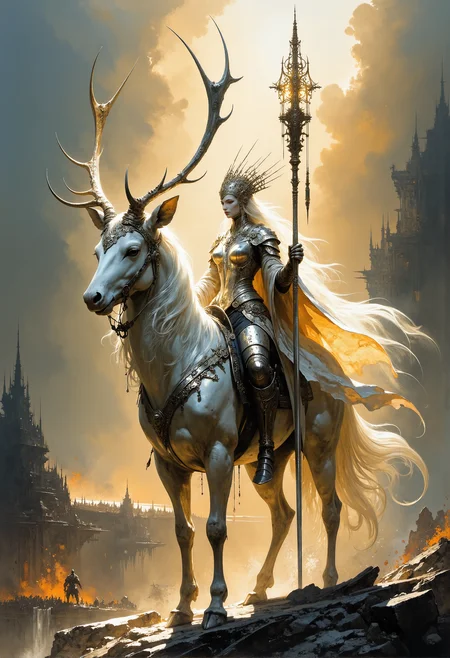 An awe-inspiring and ethereal battle scene at the golden hour of twilight. At the heart of the chaos stands a divine figure, a godlike warrior mounted upon a majestic white stag of otherworldly beauty. The stagâs pristine fur glows softly, seemingly untouched by the grime and chaos of the battlefield, while its massive, intricately branched antlers shine with an almost celestial light. The creatureâs piercing, intelligent eyes radiate calm power, and its graceful yet commanding stance exudes divinity. The rider is a godlike being, clad in radiant, silver armor adorned with intricate celestial patterns that shimmer faintly in the dim light. A flowing cape, white as the snow, billows dramatically behind them, and their face is obscured by a serene, luminous mask that suggests both wisdom and authority. In one hand, they hold an elegant, golden spear glowing with faint runes, while the other rests gently on the stagâs neck, symbolizing their divine connection. The battlefield stretches out below, where mortals clash in a chaotic frenzy. The enemies closest to the stag falter in awe and fear, their weapons lowered as they gaze upon the godly figure. In the background, the hazy silhouette of the distant battle is engulfed in a surreal mixture of smoke, fire, and fading sunlight, as if the very heavens themselves are watching the conflict unfold. The interplay of light and shadow is dramatic and divine, with rays of soft, golden light breaking through the smoky sky, highlighting the divine stag and its rider. The stagâs glowing form creates an otherworldly contrast against the dark, blood-soaked battlefield, amplifying the surreal and majestic quality of the scene. The composition evokes a sense of awe, reverence, and an overwhelming realization of the supernatural amidst the mortal chaos. <lora:- Flux1 - vanta_black_V1.0.safetensors:0.3>, <lora:artisketchyfs-v02.safetensors:0.75>, <lora:Elden_Ring_-_Yoshitaka_Amano.safetensors:1.0>, <lora:Ethereal Grace - s1 g4.safetensors:0.25>,