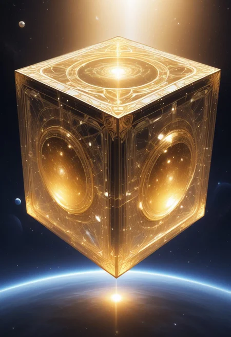 (masterpiece), best quality, Anime, (Floating Cube, (planet, outer space)), White Background, No Humans, Gold and White Theme, Gold Filigree, (Light Refraction), Symphtia-Style, Zyrnox-Exoterra Style